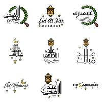 conjunto de 9 vectores eid mubarak feliz eid para ti en estilo de caligrafía árabe guión rizado con estrellas lámpara luna