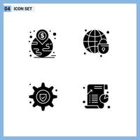 Modern Set of 4 Solid Glyphs Pictograph of financial gear insurance location globe lock business Editable Vector Design Elements