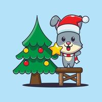 Cute rabbit taking star from christmas tree. Cute christmas cartoon illustration. vector
