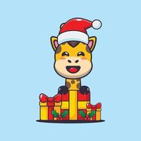 Cute giraffe  with christmas gift. Cute christmas cartoon illustration. vector