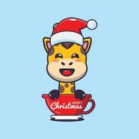 Cute giraffe wearing santa hat in cup. Cute christmas cartoon illustration. vector