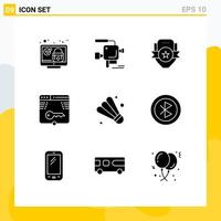 Pack of 9 Modern Solid Glyphs Signs and Symbols for Web Print Media such as form key film camera secure shield Editable Vector Design Elements