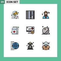 paquete de 9 modernos signos y símbolos de colores planos de línea rellena para medios de impresión web, como el paquete de monitor de organizador de inversiones en línea, elementos de diseño de vectores editables