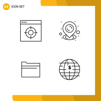 Mobile Interface Line Set of 4 Pictograms of application data target streamline future of money Editable Vector Design Elements