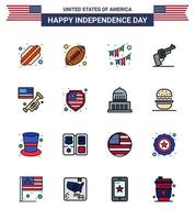 usa feliz día de la independencia pictograma conjunto de 16 líneas planas simples llenas de altavoz empavesados americanos arma pistola editable usa día elementos de diseño vectorial vector