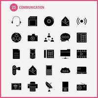 los iconos de glifo sólido de comunicación establecidos para infografías el kit de uxui móvil y el diseño de impresión incluyen computadora portátil dispositivo electrónico chat móvil sms colección de comunicación infografía moderna vector