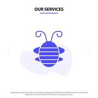 nuestros servicios abeja insecto escarabajo error mariquita mariquita icono de glifo sólido plantilla de tarjeta web vector