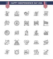 Big Pack of 25 USA Happy Independence Day USA Vector Lines and Editable Symbols of declaration of independence chips washington fries fast Editable USA Day Vector Design Elements