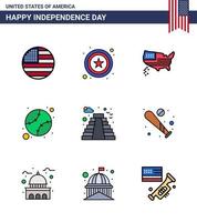 Pack of 9 creative USA Independence Day related Flat Filled Lines of landmark american map united baseball Editable USA Day Vector Design Elements