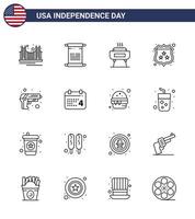 paquete de iconos de vector de stock de día americano 16 signos y símbolos de línea para seguridad policial festividad americana americana elementos de diseño de vector de día de estados unidos editables