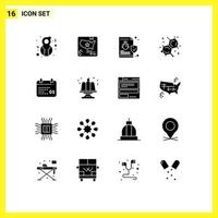 Set of 16 Commercial Solid Glyphs pack for calendar lab bug education virus Editable Vector Design Elements