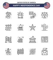 Pack of 16 creative USA Independence Day related Lines of statehouse indiana speaker scale justice Editable USA Day Vector Design Elements