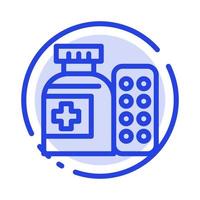 icono de línea de línea punteada azul de hospital de píldoras de medicina médica vector