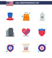 9 USA Flat Signs Independence Day Celebration Symbols of american heart bottle american building Editable USA Day Vector Design Elements