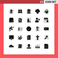 Group of 25 Modern Solid Glyphs Set for computers server diagram locked data Editable Vector Design Elements