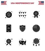 Big Pack of 9 USA Happy Independence Day USA Vector Solid Glyphs and Editable Symbols of shield ireland holiday cell mobile Editable USA Day Vector Design Elements