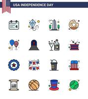 16 USA Flat Filled Line Signs Independence Day Celebration Symbols of celebrate food monument yummy donut Editable USA Day Vector Design Elements