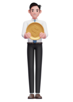 chico inteligente con camisa blanca corbata azul con moneda, ilustración 3d de un hombre de negocios con camisa blanca con moneda de dólar png