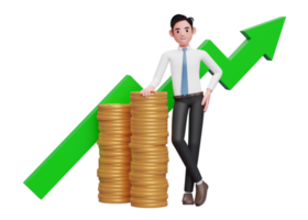 businessman in white shirt blue tie leaning on pile of gold coins with growing statistics ornament on the back png