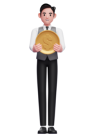 menino esperto no colete cinza segurando a moeda, ilustração 3d de um empresário no colete cinza segurando a moeda de um dólar png