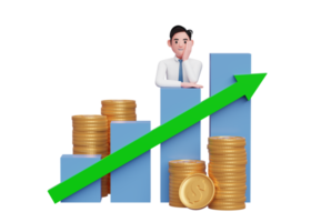 3d uomo d'affari nel bianca camicia blu cravatta mettendo sua mento nel mano mentre pendente su bar grafico azione crescita con su grafico statistica freccia png