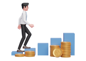 businessman in white shirt blue tie walking up the stock chart with ornaments several piles of gold coins, 3d rendering of business investment concept png