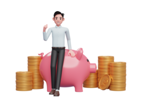 businessman in blue dress sitting leaning on pink pig piggy bank celebrating clenching hands png