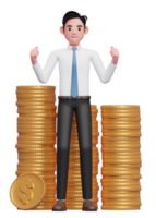 Happy businessman in white shirt blue tie getting lots of piles of gold coins, 3d illustration of a businessman in white shirt holding dollar coin png