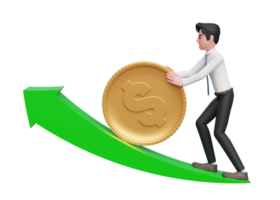 businessman in white shirt blue tie pushing dollar gold coin up growing green arrow, 3d rendering of business investment concept png