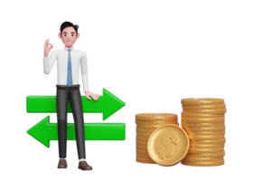 businessman in white shirt blue tie sitting on exchange rate icon with hand gesture ok finger, 3d rendering of business investment concept png
