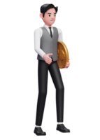 businessman in grey vest walking while carrying coins, 3d illustration of a businessman in grey vest holding dollar coin png