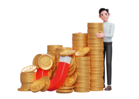 businessman in blue dress standing hugging pile of gold coins caught by magnet png