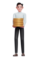 3d smart man boy in a blue shirt carry piles of gold coins png