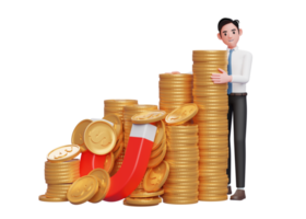 hombre de negocios con camisa blanca corbata azul de pie abrazando un montón de monedas de oro atrapadas por un imán, representación 3d del concepto de inversión empresarial png