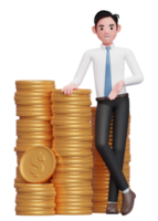 empresário de gravata azul de camisa branca em pé com as pernas cruzadas e apoiando-se na pilha de moedas, ilustração 3d de um empresário de camisa branca segurando a moeda de um dólar