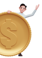 handsome businessman in a blue shirt Peek behind the big coin png