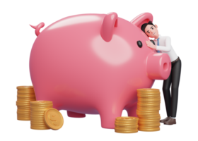 feliz empresário abraçando grande cofrinho rosa economizando moedas de ouro para o futuro, renderização em 3d do conceito de investimento empresarial
