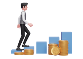 businessman in gray vest walking on stock chart with gold coin pile ornament, 3d rendering of business investment concept png