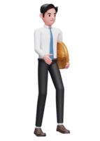 businessman in white shirt blue tie walking while carrying coins, 3d illustration of a businessman in white shirt holding dollar coin png