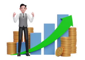 businessman in grey vest celebrating with clenched fists in front of positive growing bar chart with coin ornament, 3d rendering of business investment concept png