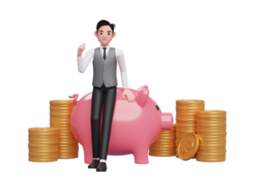 businessman in grey vest sitting on pig piggy bank and celebrating clenching hands, 3d rendering of business investment concept png