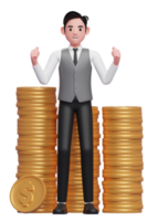 Happy businessman in grey vest getting lots of piles of gold coins, 3d illustration of a businessman in grey vest holding dollar coin png