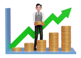 hombre de negocios con chaleco gris haciendo un gráfico de barras estadístico con montones de monedas de oro, representación 3d del concepto de inversión empresarial png