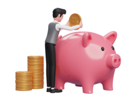 Geschäftsmann in grauer Weste hält sorgfältig Goldmünzen in rosa Sparschwein, 3D-Darstellung des Geschäftsinvestitionskonzepts png