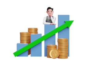 3d businessman in grey vest putting her chin in hand while leaning on bar chart Stock growth with up graph statistics arrow png