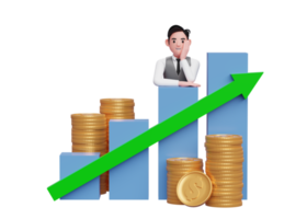 Homme d'affaires 3d en gilet gris mettant son menton dans la main tout en s'appuyant sur la croissance des stocks de graphique à barres avec la flèche des statistiques du graphique vers le haut png