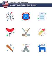 Set of 9 Vector Flats on 4th July USA Independence Day such as american ice sport declaration hokey frankfurter Editable USA Day Vector Design Elements