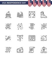 Group of 16 Lines Set for Independence day of United States of America such as badge boot landmark shose theatre Editable USA Day Vector Design Elements