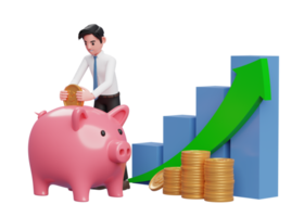 businessman saving gold coins into piggy bank with bar chart and green arrow up, 3d rendering of business investment concept png