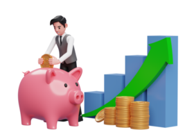 businessman saving gold coins into piggy bank with bar chart and green arrow up, 3d rendering of business investment concept png